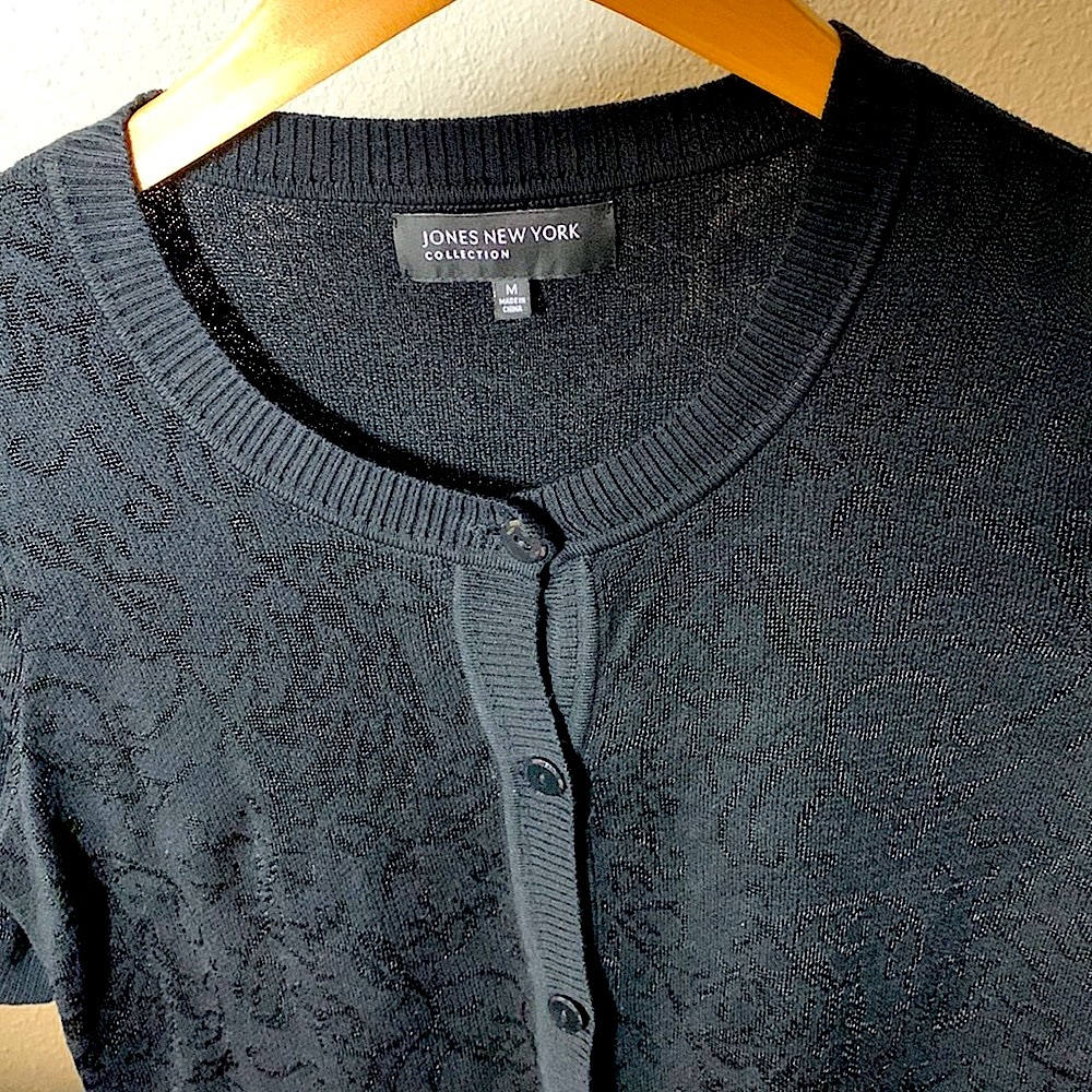 Vintage Jones N.Y. black shirt sleeve cardigan textured knit design cottagecore - Picture 3 of 14